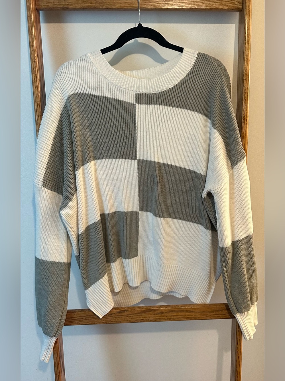 White and Green Block-Stripe Crewneck Sweater